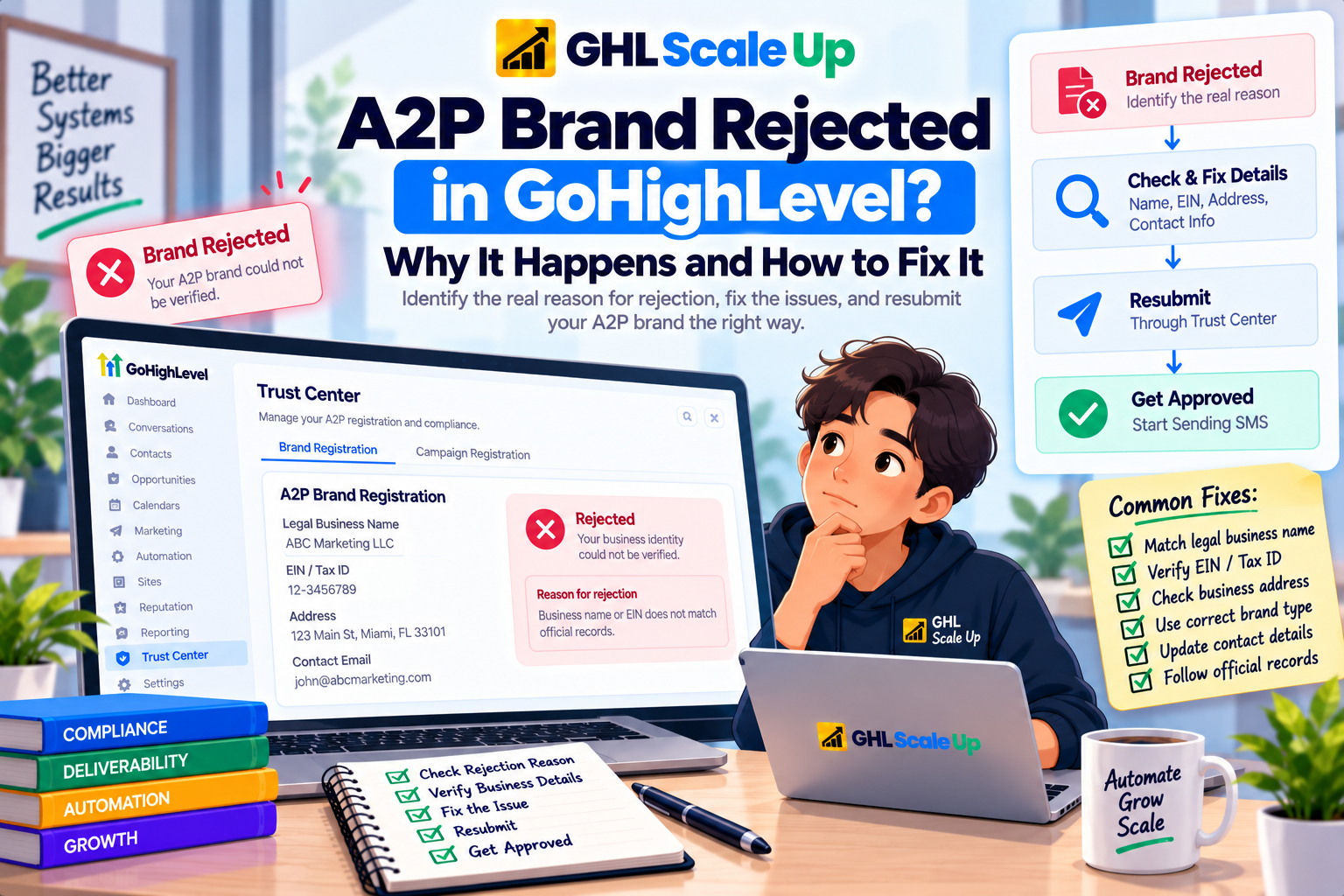 A2P Brand Rejected in GoHighLevel: Common rejection causes, EIN mismatch fixes, resubmission process, and support escalation