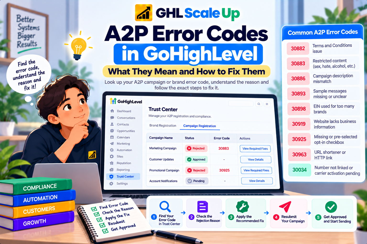 A2P Error Codes in GoHighLevel: Quick reference table, legacy vs current codes, common rejection causes, and fix guidance