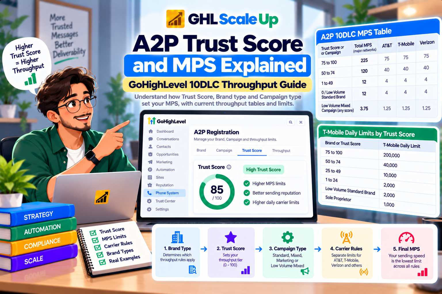 A2P Trust Score and MPS for GoHighLevel: Trust Score tiers, MPS throughput tables, T-Mobile daily limits, and carrier split breakdown