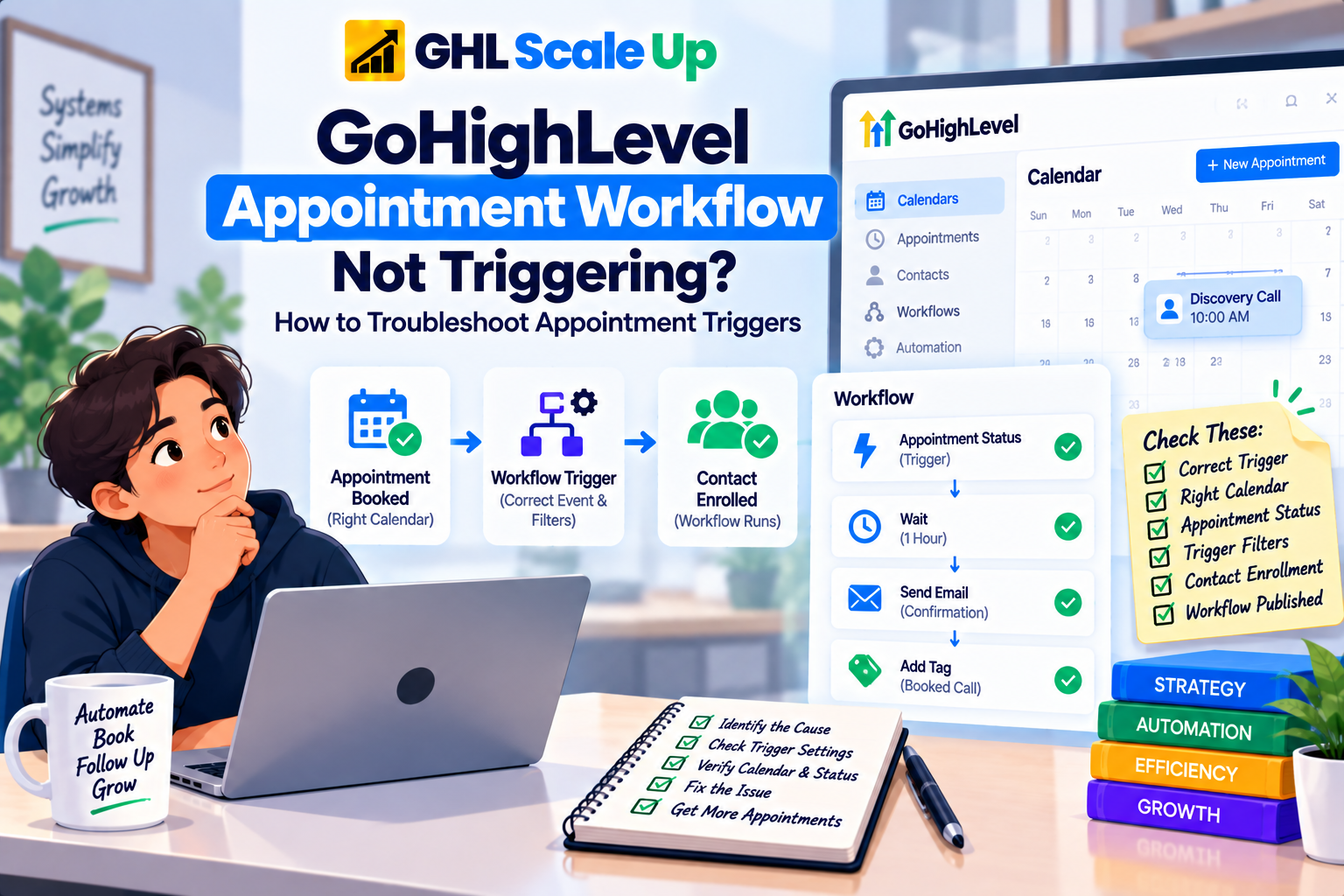 GoHighLevel Appointment Workflow Not Triggering: Appointment event vs workflow enrollment chain with trigger, calendar, and status checks