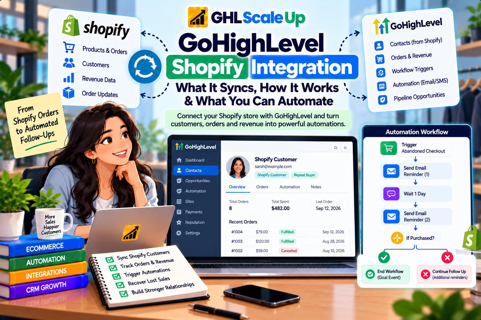 GoHighLevel Shopify Integration: Data flow from Shopify to GoHighLevel and workflow triggers