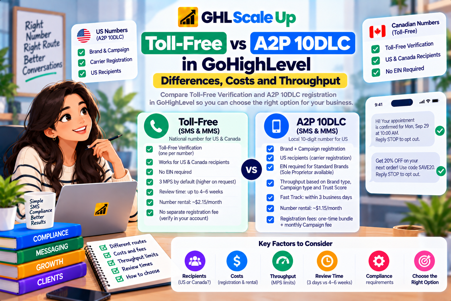 Toll-Free vs A2P 10DLC in GoHighLevel: Registration comparison, costs, throughput, and decision checklist