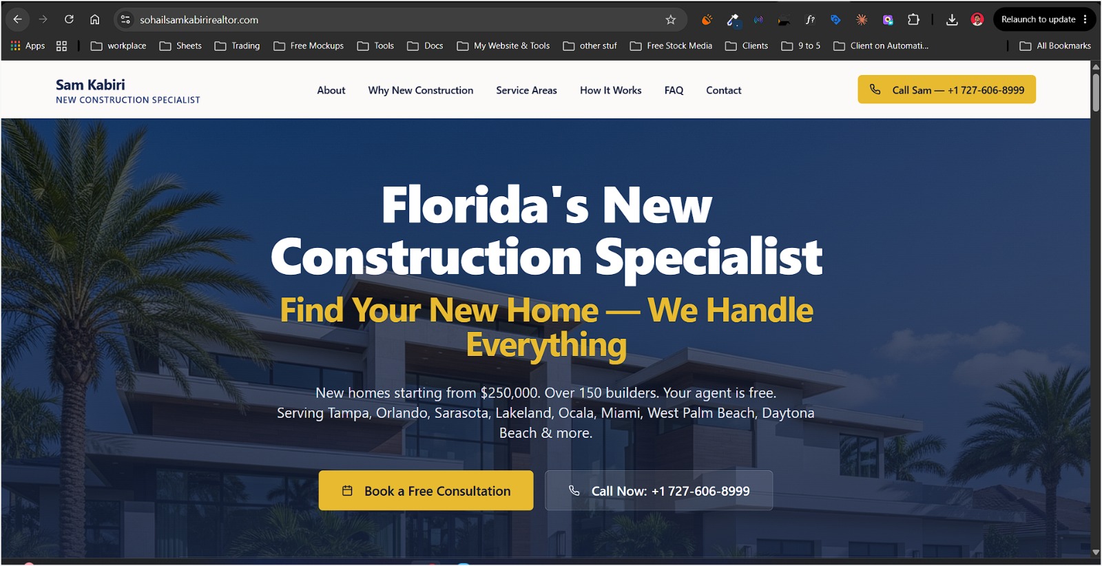 The rebuilt website, repositioned around a new-construction buyer niche. Brand name, phone number, and identifying marketing copy have been redacted for client privacy.