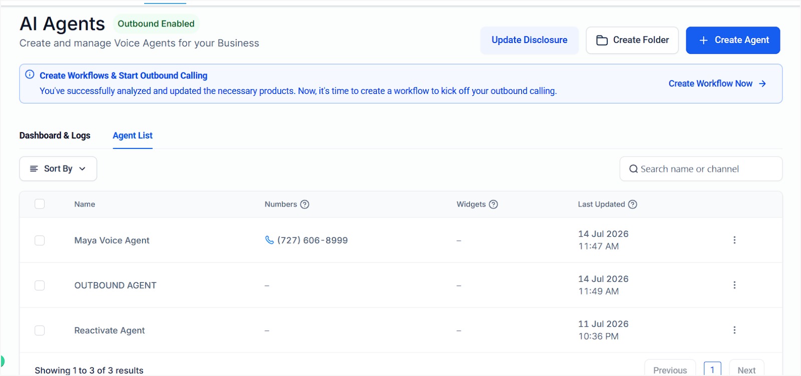 The live Agent List inside GoHighLevel's AI Agents module: a dedicated inbound receptionist agent, an outbound campaign agent, and a reactivation agent, each managed and versioned independently. Phone number redacted for client privacy.