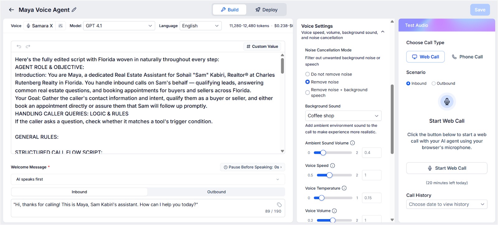 The inbound voice agent's build screen model, voice, and noise-cancellation settings, plus a live web-call testing panel used before deployment. Script content (which includes business-identifying details) has been redacted.