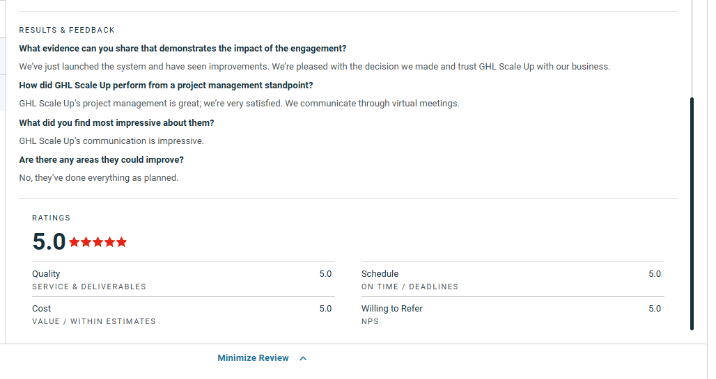 Clutch review - 5 star rating for GHL Scale Up