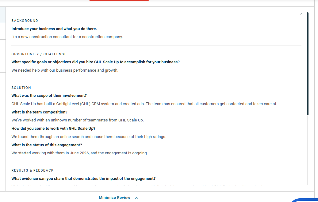 Clutch review - Client testimonial for GoHighLevel services
