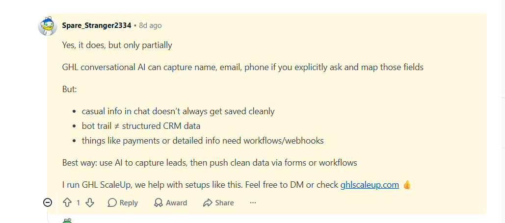 GHL Scaleup team leader answering the question on Reddit
