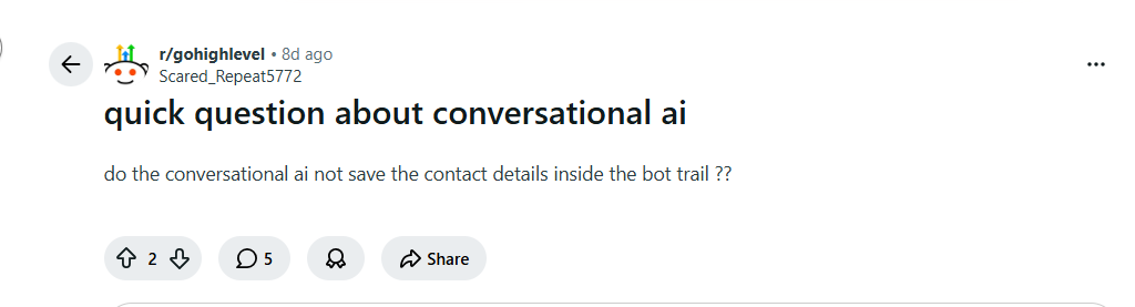 Reddit question about GHL Conversation AI data storage